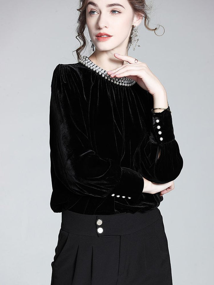 Imperial Pearl Neckline Black Long Sleeve Silk Velvet Blouse