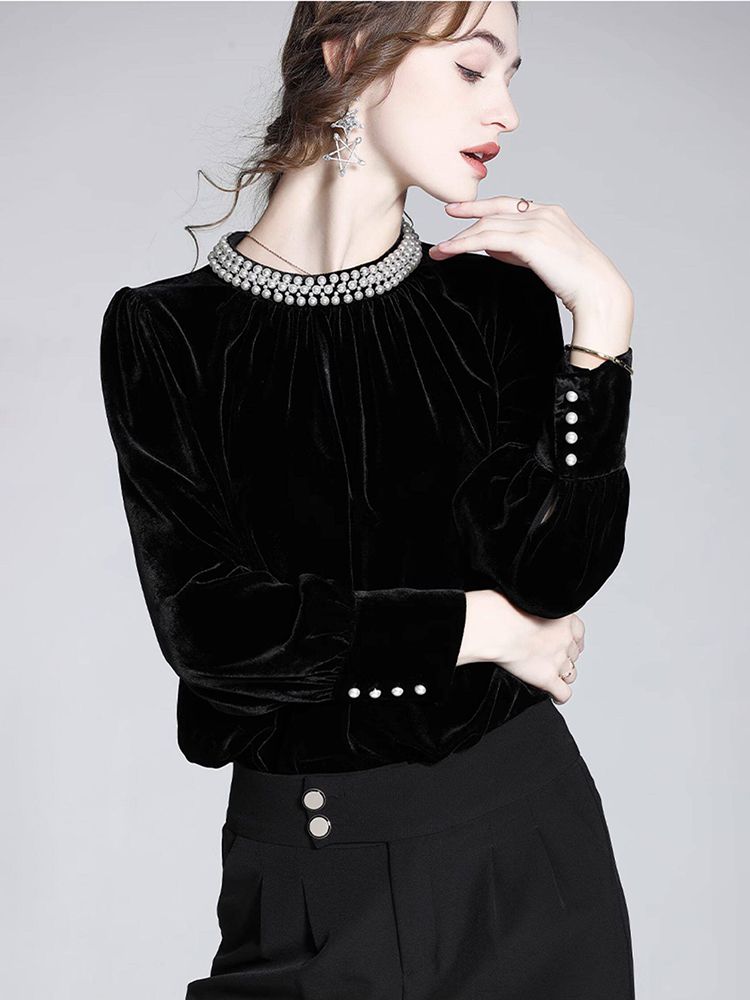Imperial Pearl Neckline Black Long Sleeve Silk Velvet Blouse