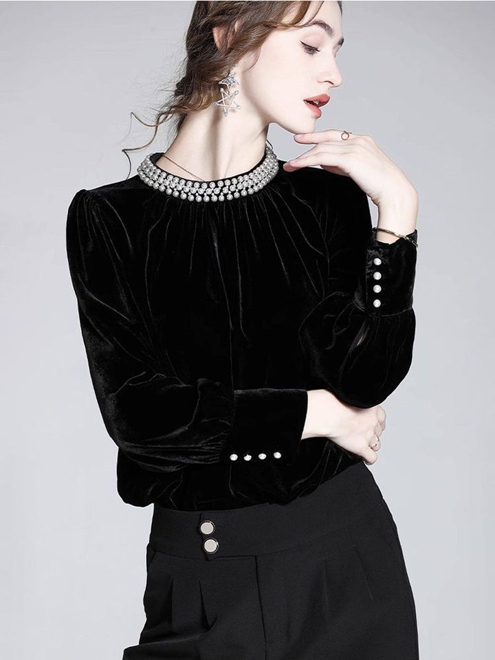 Imperial Pearl Neckline Black Long Sleeve Silk Velvet Blouse