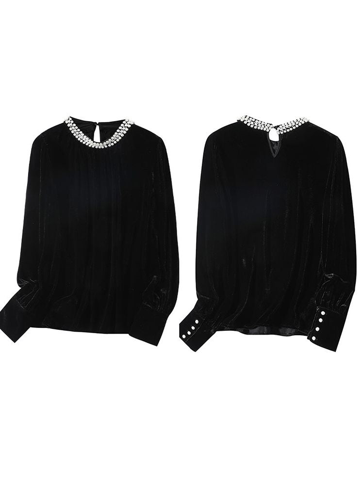 Imperial Pearl Neckline Black Long Sleeve Silk Velvet Blouse
