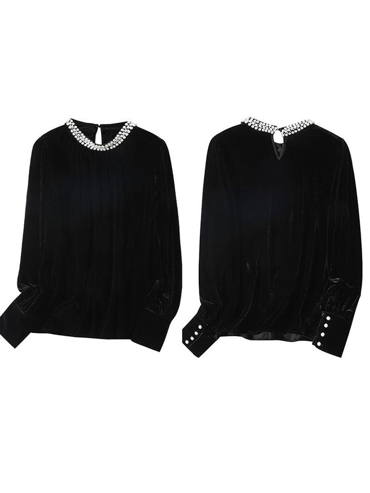 Imperial Pearl Neckline Black Long Sleeve Silk Velvet Blouse