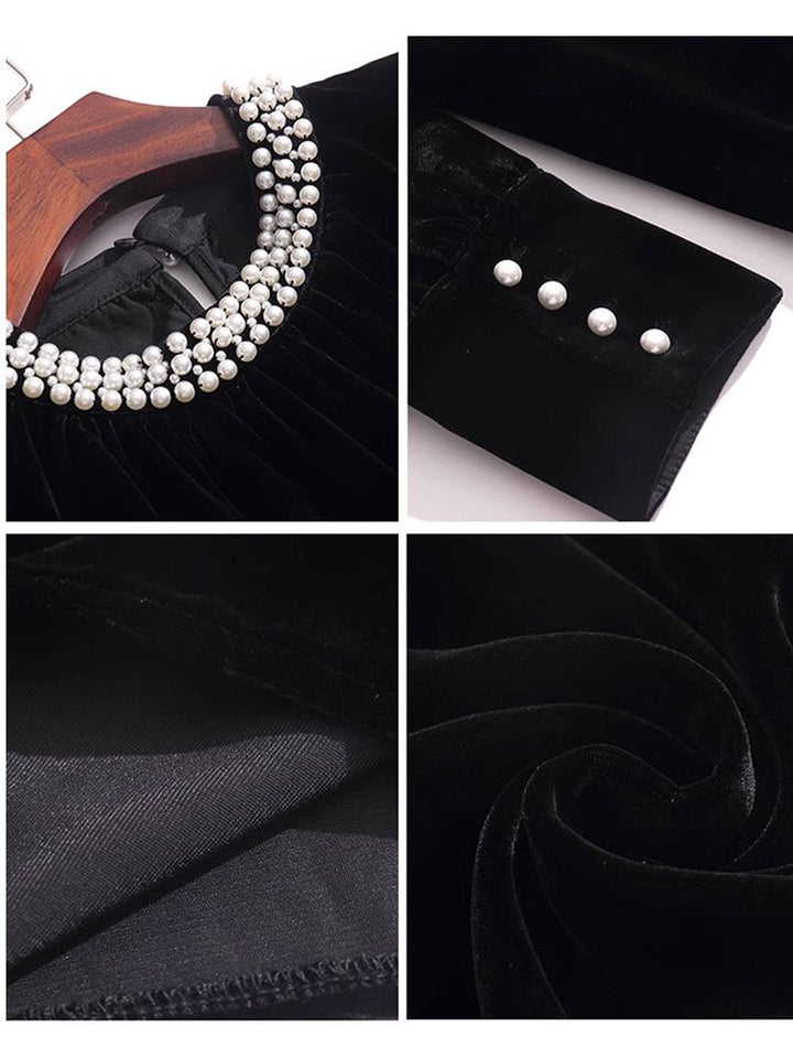 Imperial Pearl Neckline Black Long Sleeve Silk Velvet Blouse