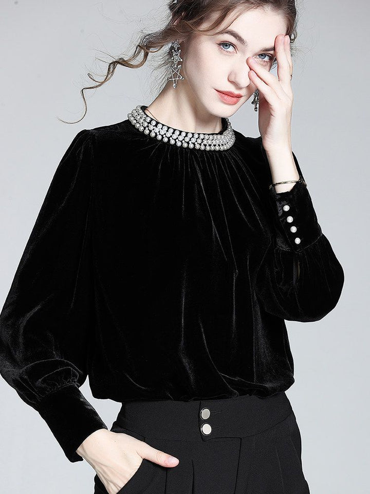 Imperial Pearl Neckline Black Long Sleeve Silk Velvet Blouse
