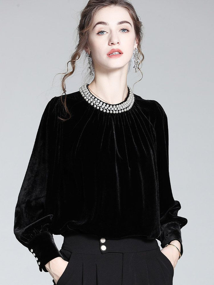 Imperial Pearl Neckline Black Long Sleeve Silk Velvet Blouse