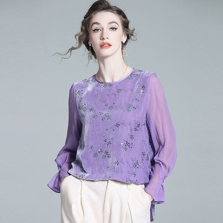 Light Purple Long Sleeve Sequin Embroidered Silk Velvet Blouse
