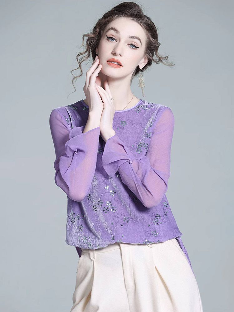 Light Purple Long Sleeve Sequin Embroidered Silk Velvet Blouse