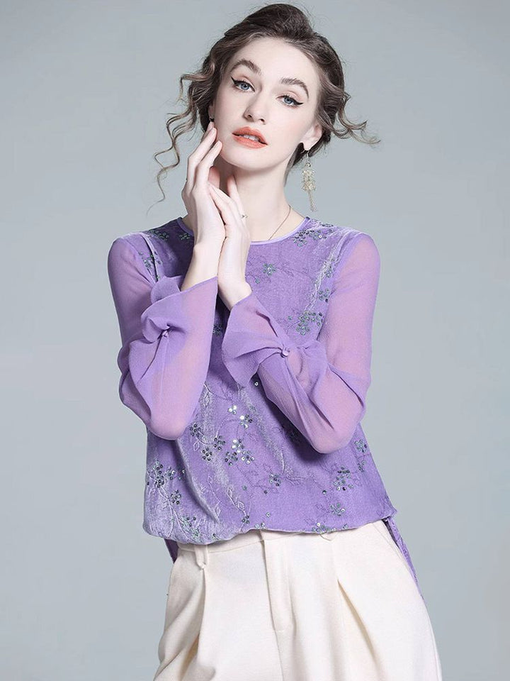 Light Purple Long Sleeve Sequin Embroidered Silk Velvet Blouse