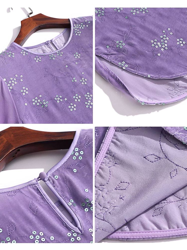 Light Purple Long Sleeve Sequin Embroidered Silk Velvet Blouse