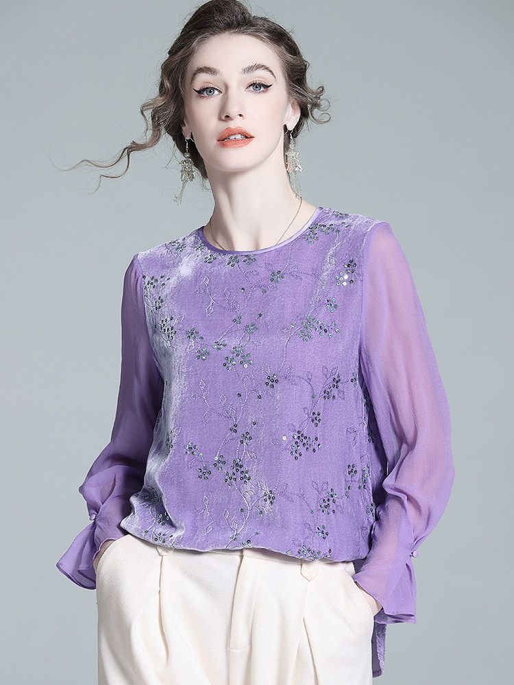 Light Purple Long Sleeve Sequin Embroidered Silk Velvet Blouse