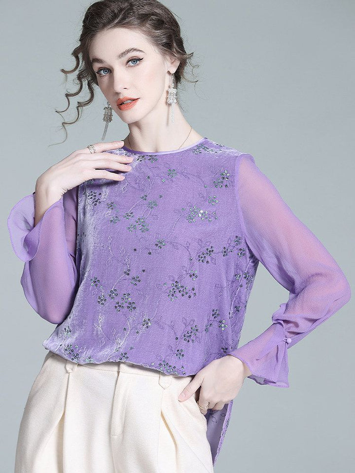 Light Purple Long Sleeve Sequin Embroidered Silk Velvet Blouse