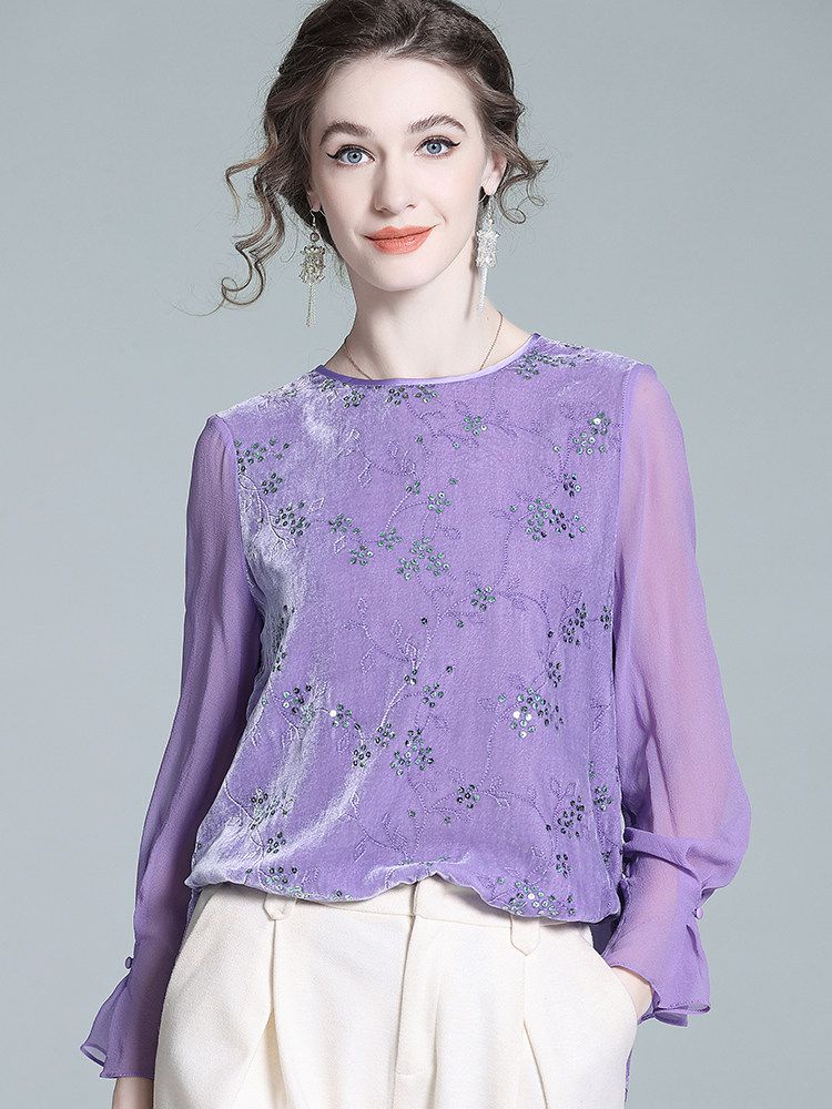 Light Purple Long Sleeve Sequin Embroidered Silk Velvet Blouse