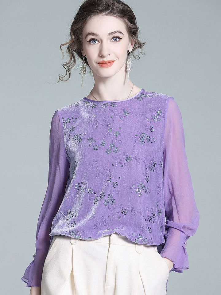 Light Purple Long Sleeve Sequin Embroidered Silk Velvet Blouse