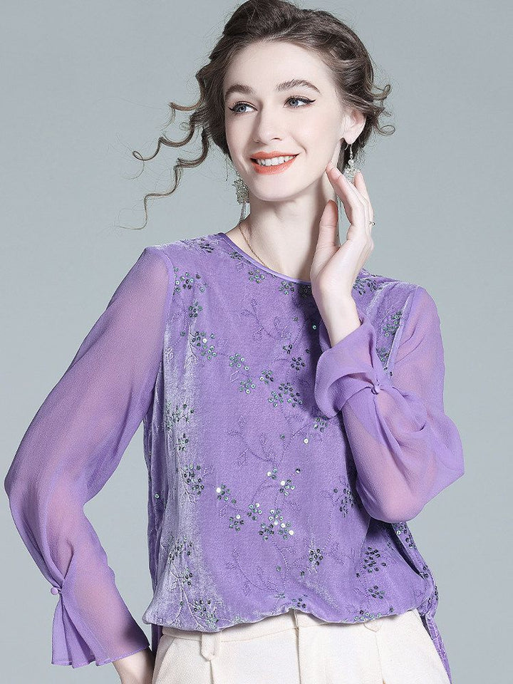 Light Purple Long Sleeve Sequin Embroidered Silk Velvet Blouse