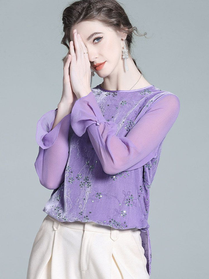 Light Purple Long Sleeve Sequin Embroidered Silk Velvet Blouse