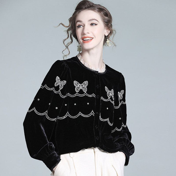 Butterfly Embroidered Ruffle Round Neck Lantern Sleeve Silk Velvet Blouse