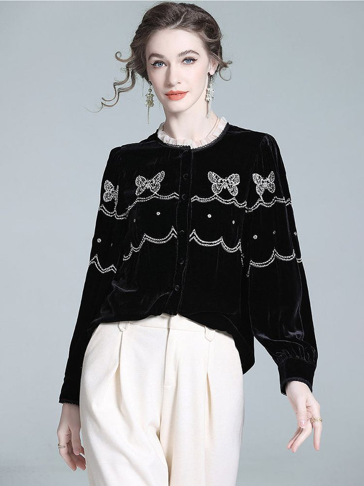 Butterfly Embroidered Ruffle Round Neck Lantern Sleeve Silk Velvet Blouse