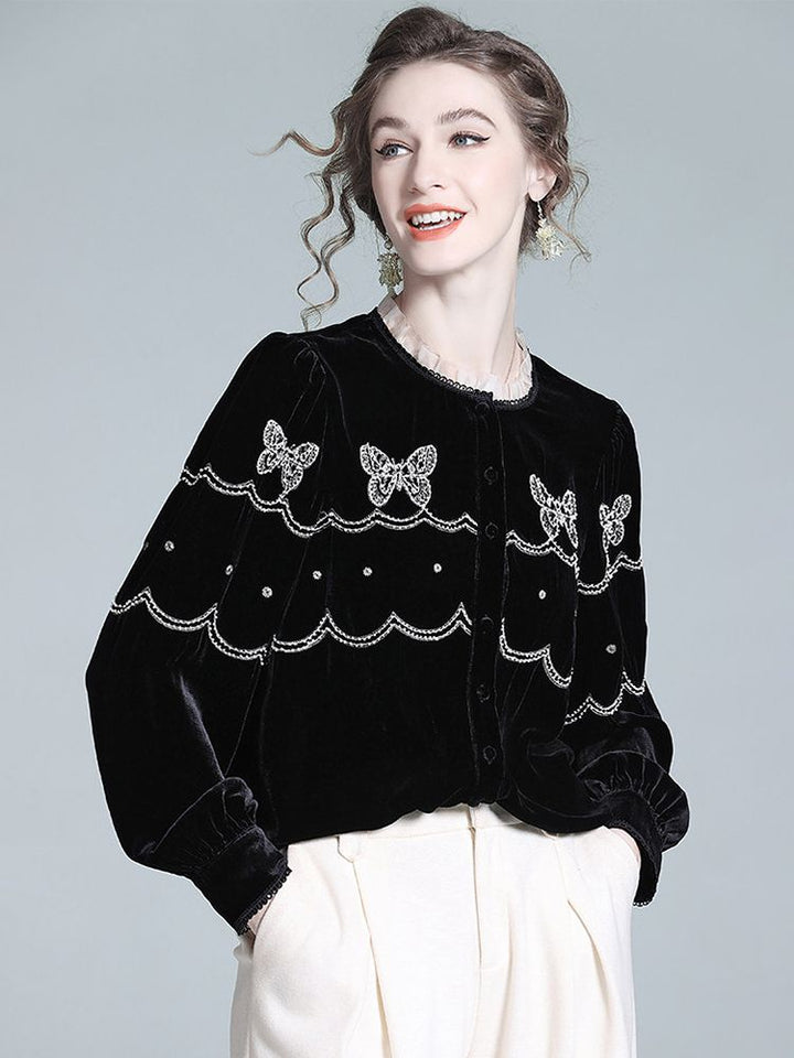 Butterfly Embroidered Ruffle Round Neck Lantern Sleeve Silk Velvet Blouse
