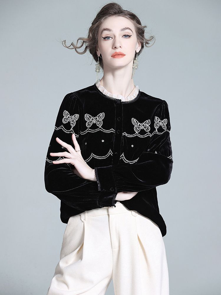 Butterfly Embroidered Ruffle Round Neck Lantern Sleeve Silk Velvet Blouse