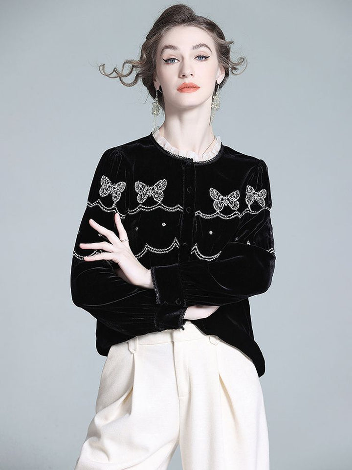 Butterfly Embroidered Ruffle Round Neck Lantern Sleeve Silk Velvet Blouse