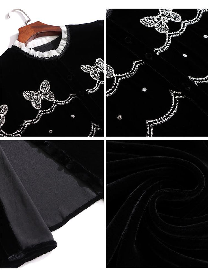 Butterfly Embroidered Ruffle Round Neck Lantern Sleeve Silk Velvet Blouse