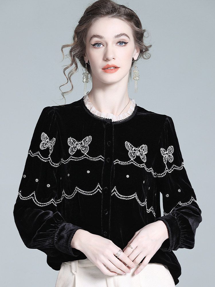 Butterfly Embroidered Ruffle Round Neck Lantern Sleeve Silk Velvet Blouse