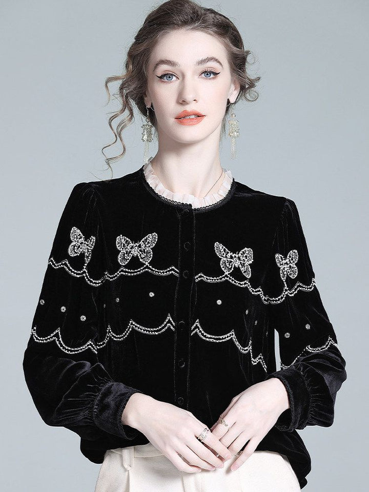 Butterfly Embroidered Ruffle Round Neck Lantern Sleeve Silk Velvet Blouse