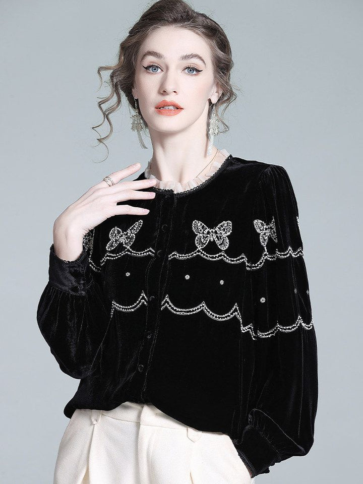 Butterfly Embroidered Ruffle Round Neck Lantern Sleeve Silk Velvet Blouse