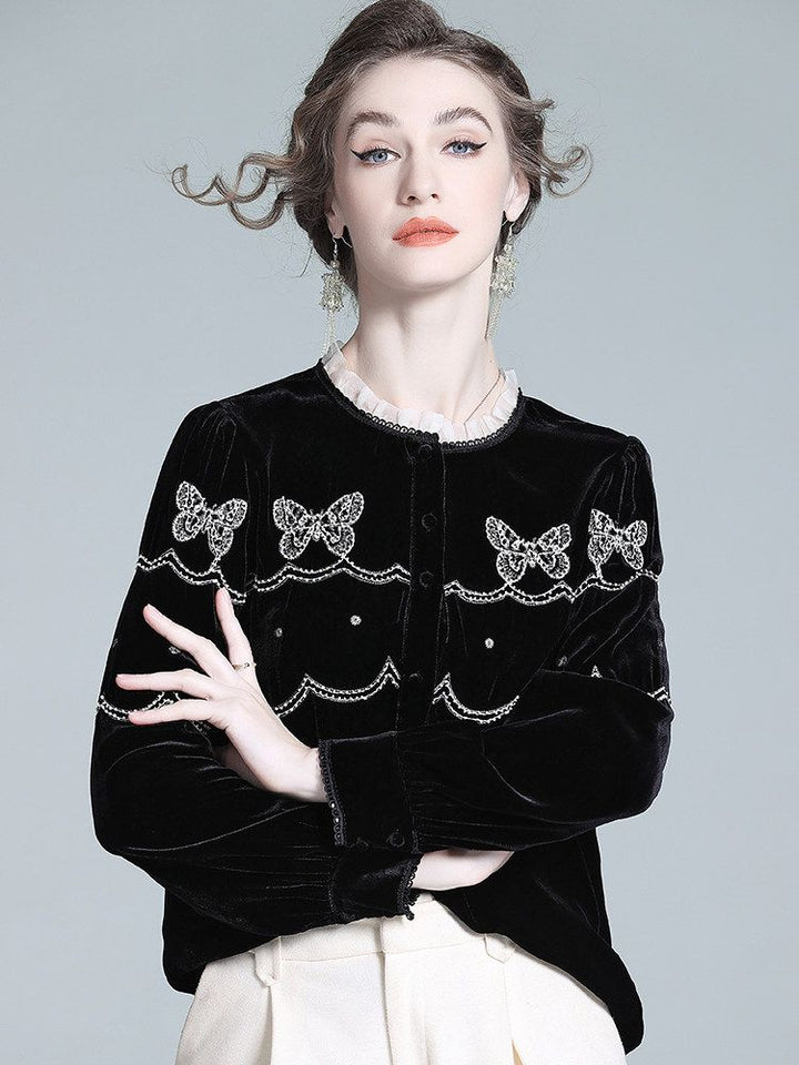Butterfly Embroidered Ruffle Round Neck Lantern Sleeve Silk Velvet Blouse