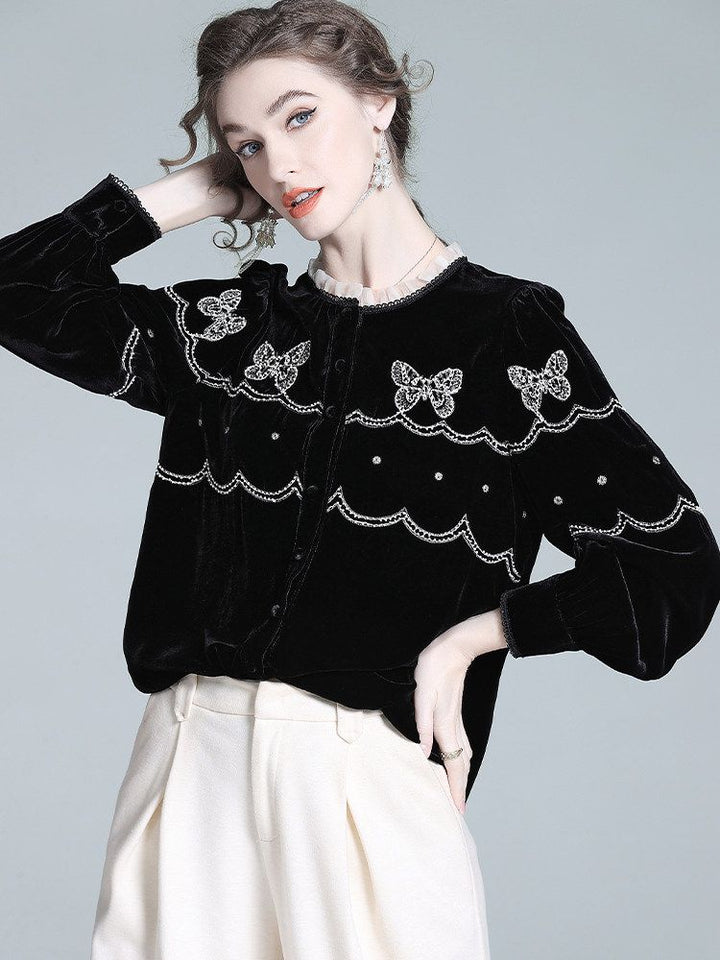 Butterfly Embroidered Ruffle Round Neck Lantern Sleeve Silk Velvet Blouse