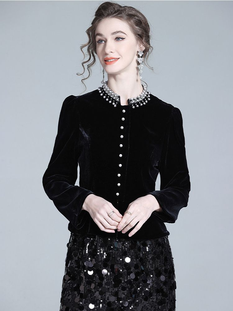 Pearl-Embellished Neckline Slim Fit Black Silk Velvet Peplum Blouse