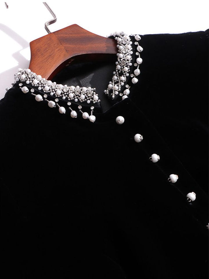 Pearl-Embellished Neckline Slim Fit Black Silk Velvet Peplum Blouse