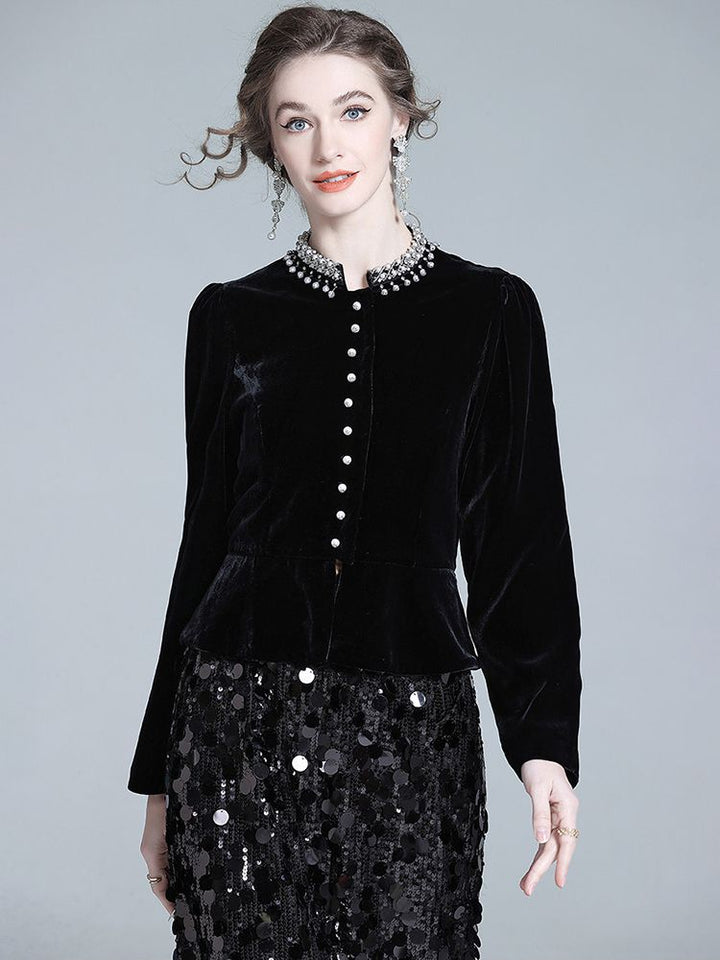 Pearl-Embellished Neckline Slim Fit Black Silk Velvet Peplum Blouse