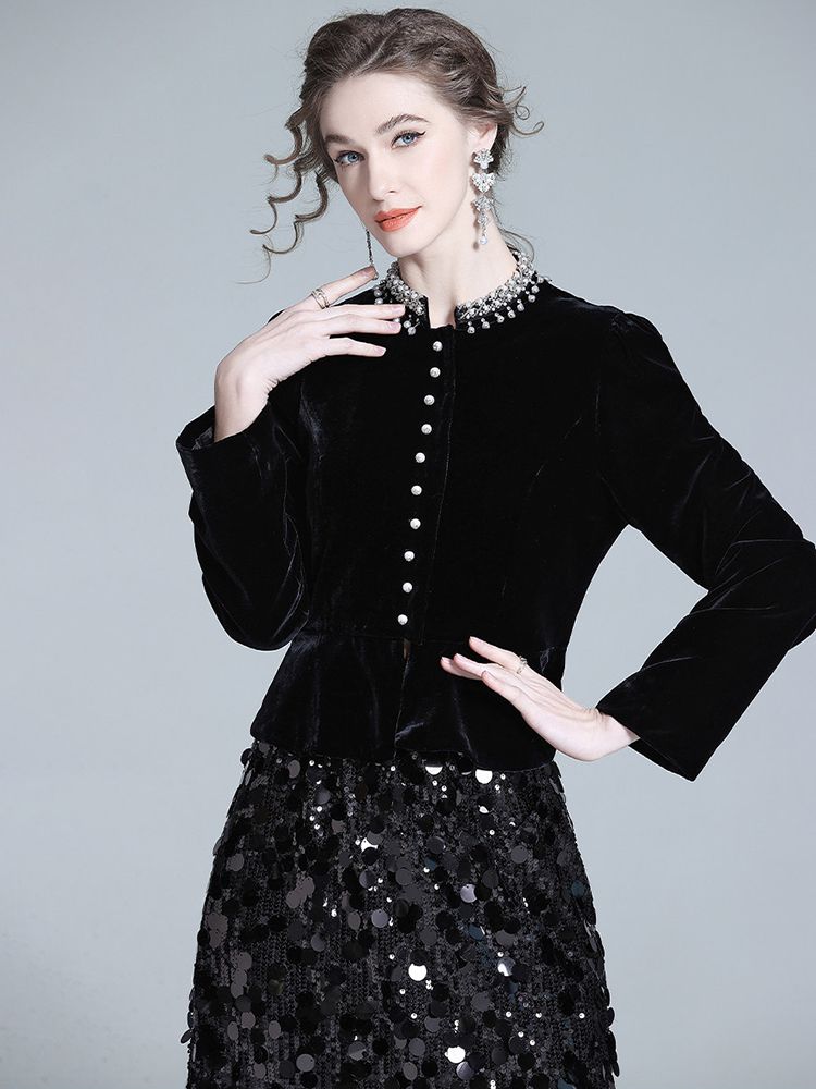 Pearl-Embellished Neckline Slim Fit Black Silk Velvet Peplum Blouse