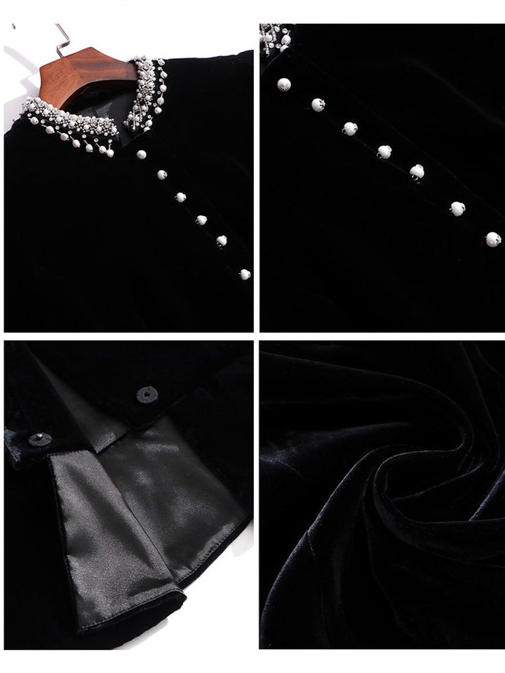 Pearl-Embellished Neckline Slim Fit Black Silk Velvet Peplum Blouse