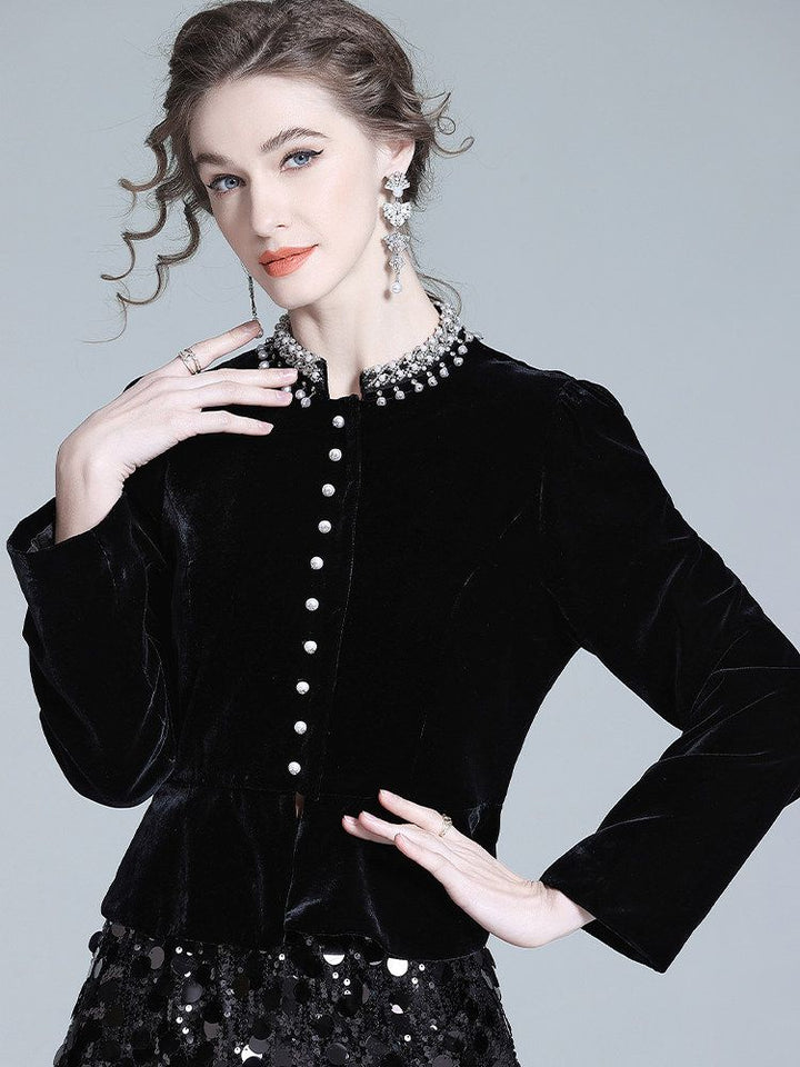 Pearl-Embellished Neckline Slim Fit Black Silk Velvet Peplum Blouse
