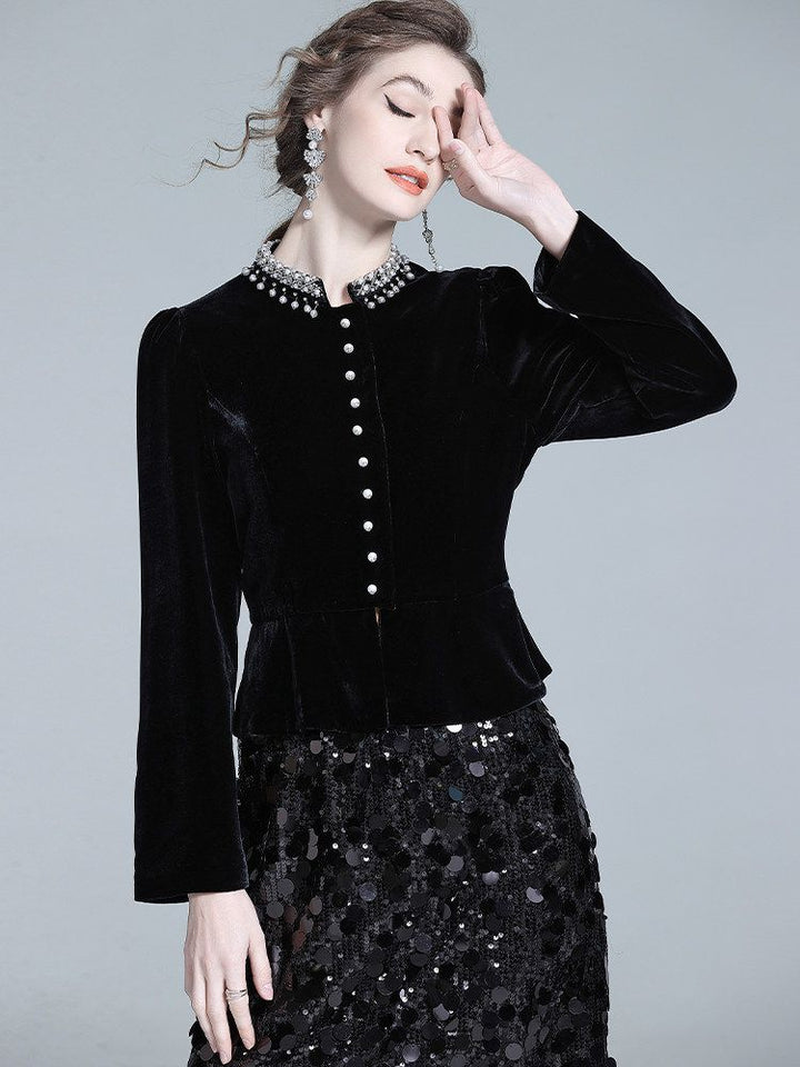 Pearl-Embellished Neckline Slim Fit Black Silk Velvet Peplum Blouse