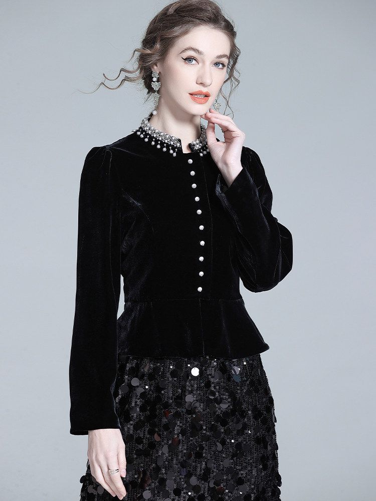 Pearl-Embellished Neckline Slim Fit Black Silk Velvet Peplum Blouse