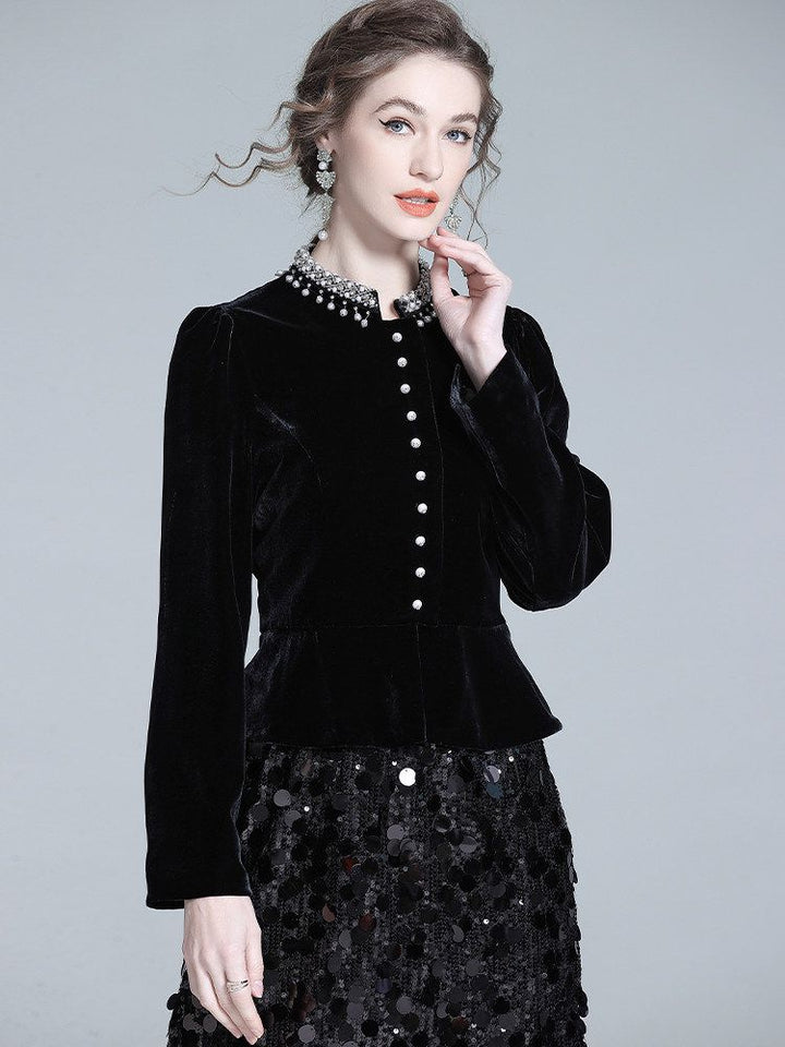 Pearl-Embellished Neckline Slim Fit Black Silk Velvet Peplum Blouse