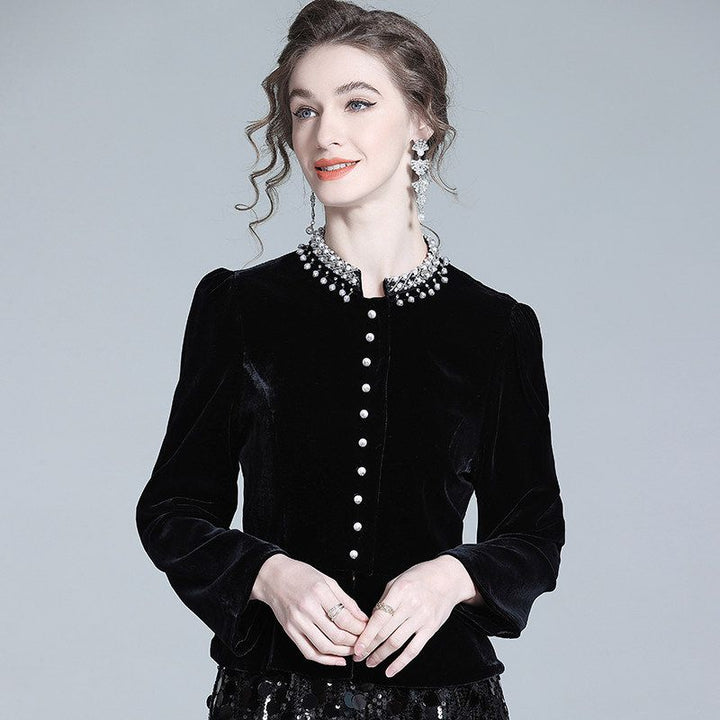 Pearl-Embellished Neckline Slim Fit Black Silk Velvet Peplum Blouse