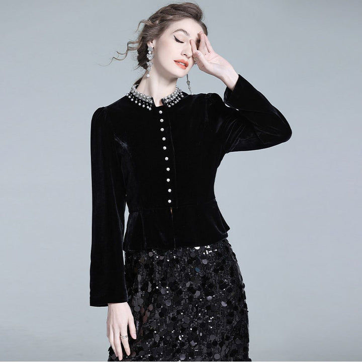Pearl-Embellished Neckline Slim Fit Black Silk Velvet Peplum Blouse
