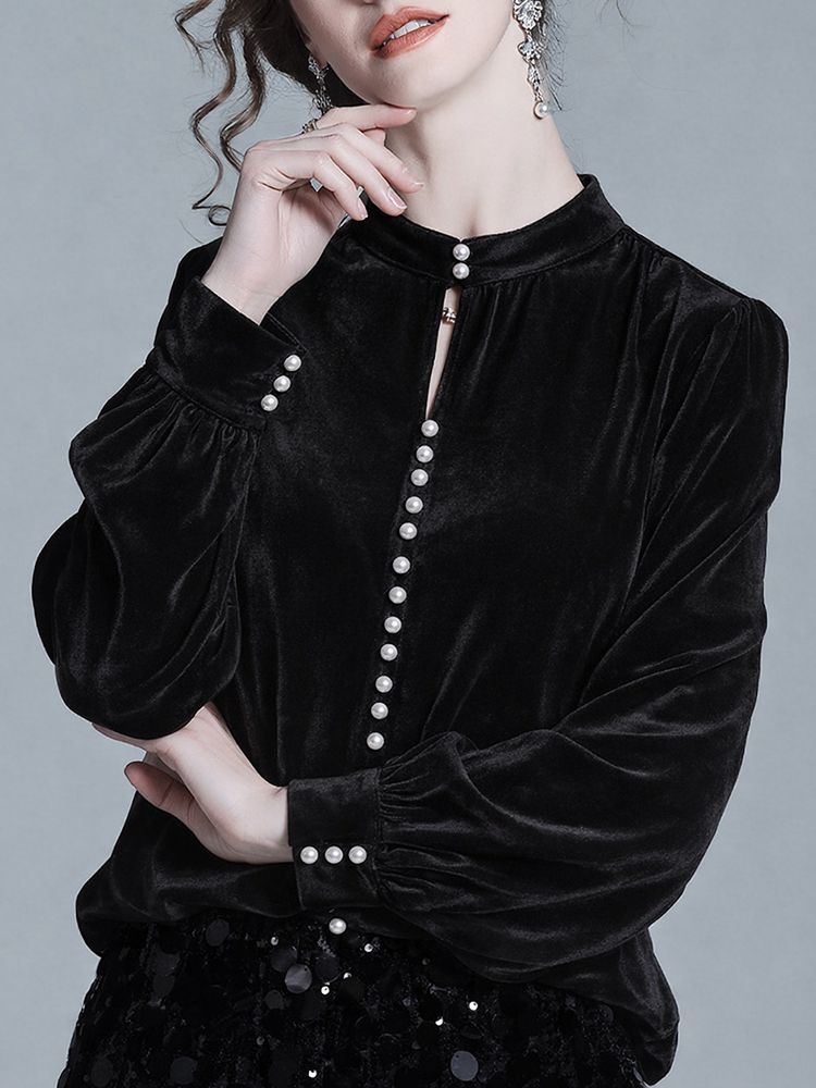 Stand Collar Pearl Button Long Sleeve Silk Velvet Blouse with Keyhole Neckline