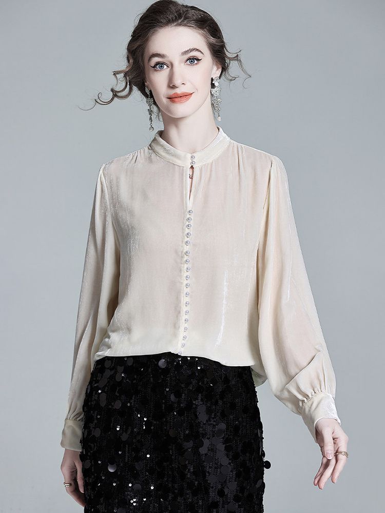 Stand Collar Pearl Button Long Sleeve Silk Velvet Blouse with Keyhole Neckline