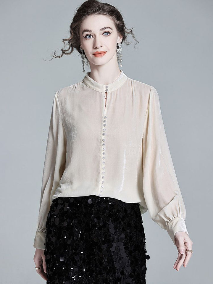 Stand Collar Pearl Button Long Sleeve Silk Velvet Blouse with Keyhole Neckline