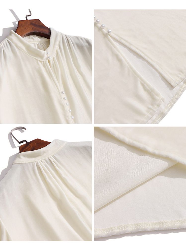 Stand Collar Pearl Button Long Sleeve Silk Velvet Blouse with Keyhole Neckline