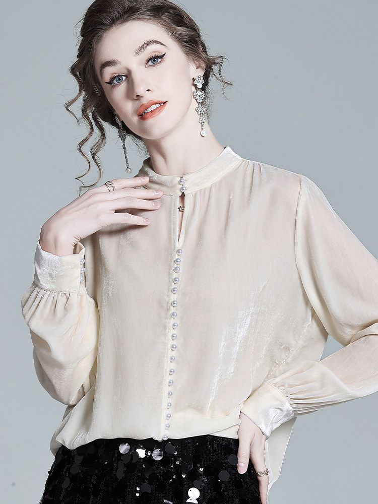 Stand Collar Pearl Button Long Sleeve Silk Velvet Blouse with Keyhole Neckline