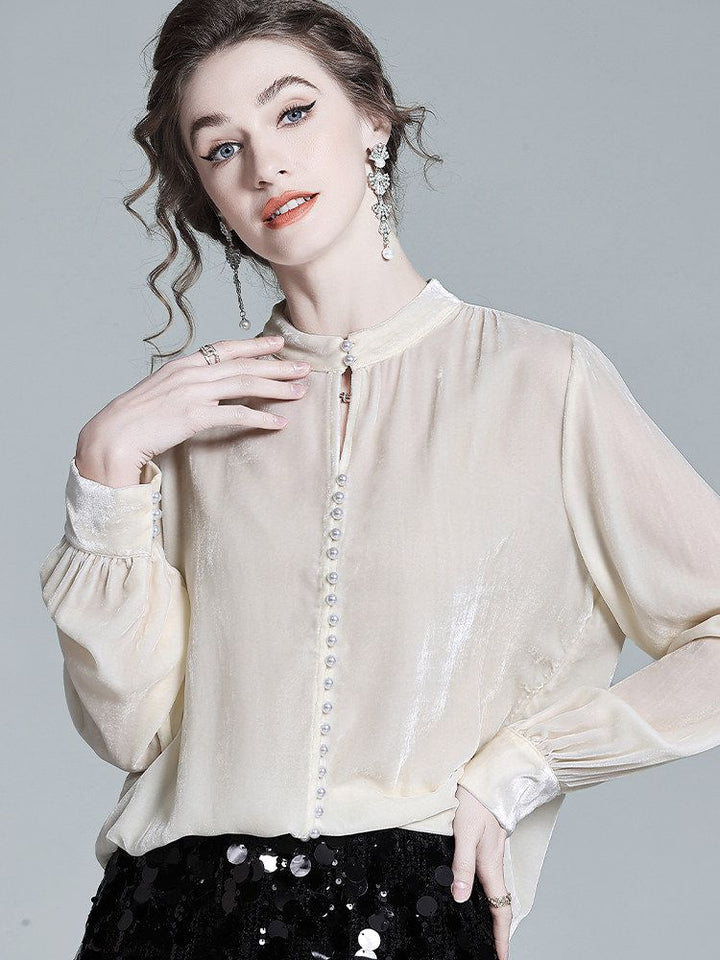 Stand Collar Pearl Button Long Sleeve Silk Velvet Blouse with Keyhole Neckline