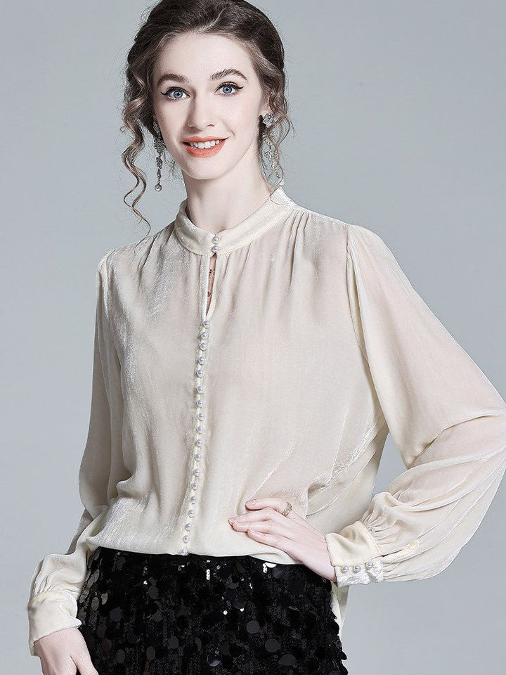 Stand Collar Pearl Button Long Sleeve Silk Velvet Blouse with Keyhole Neckline