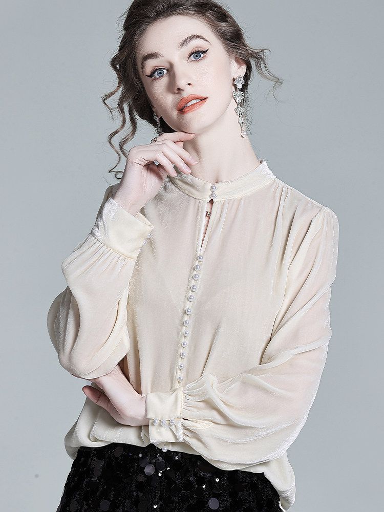 Stand Collar Pearl Button Long Sleeve Silk Velvet Blouse with Keyhole Neckline