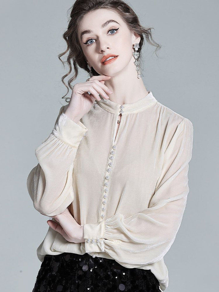 Stand Collar Pearl Button Long Sleeve Silk Velvet Blouse with Keyhole Neckline