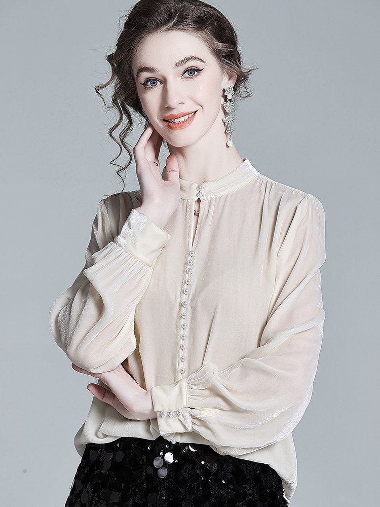 Stand Collar Pearl Button Long Sleeve Silk Velvet Blouse with Keyhole Neckline